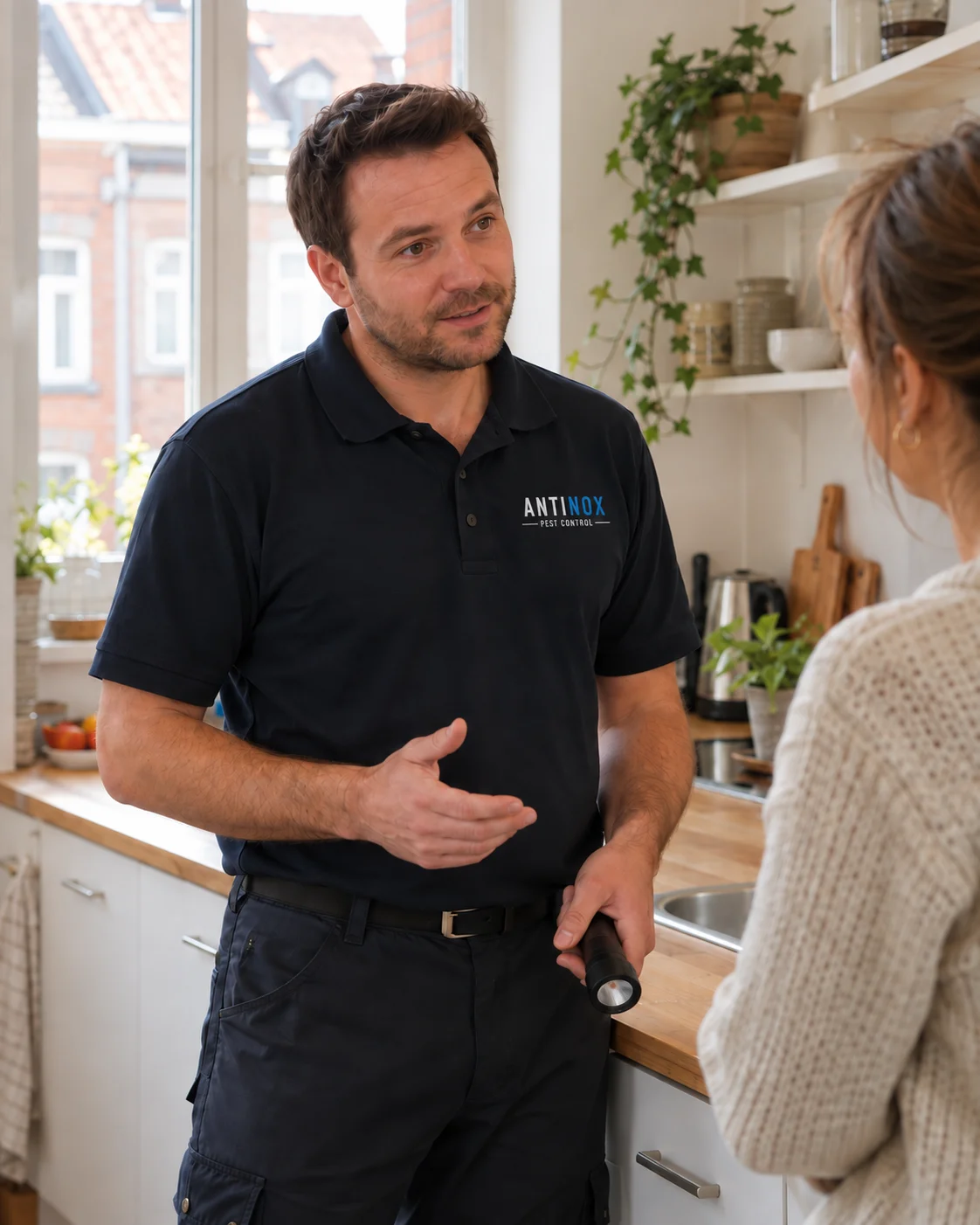 Illustration d’un professionnel Antinox échangeant avec une habitante après une inspection.