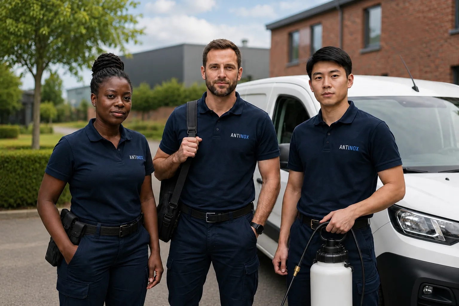The Antinox technician team in front of a service vehicle