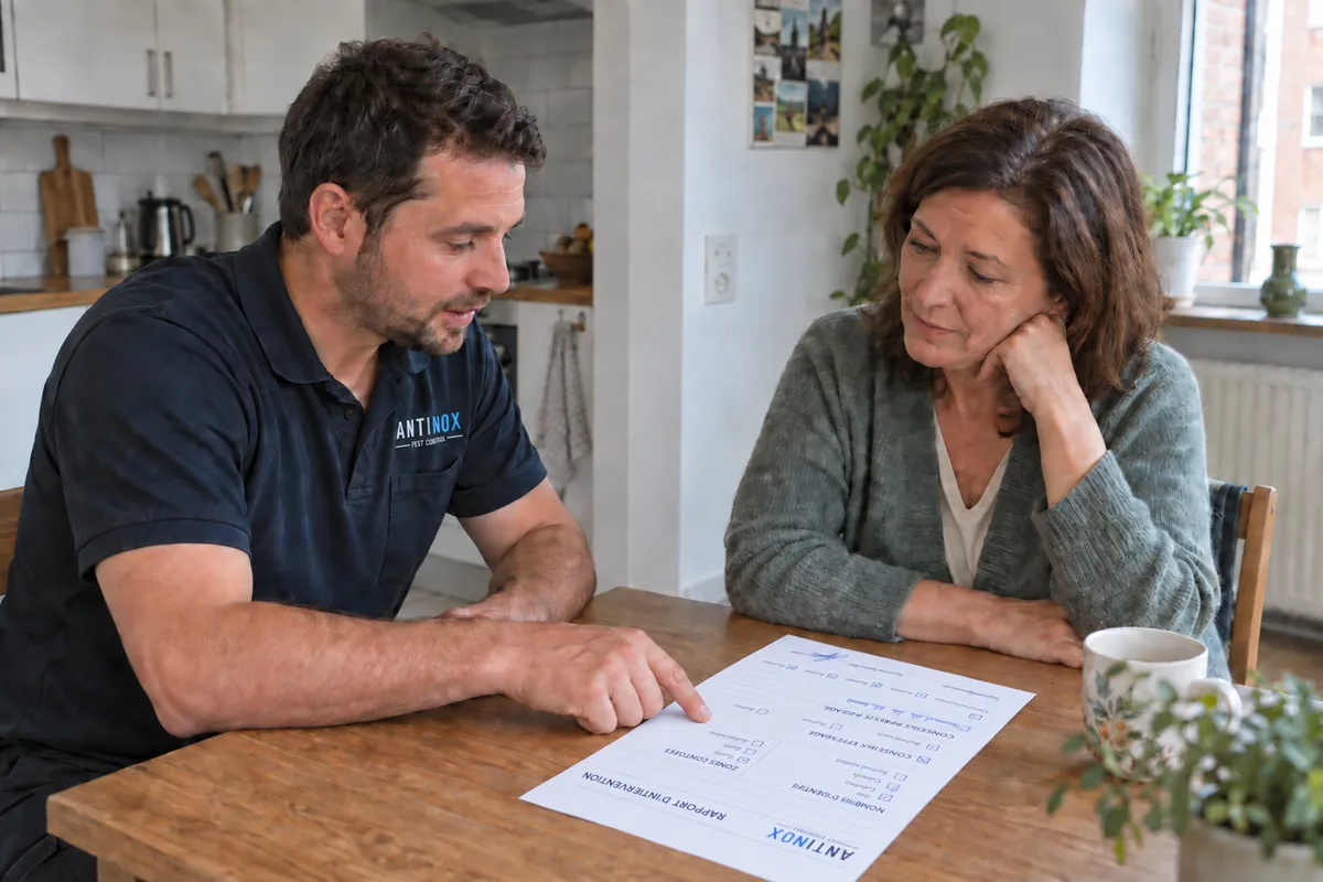 Illustration d’un technicien Antinox présentant son diagnostic et sa proposition à une habitante.