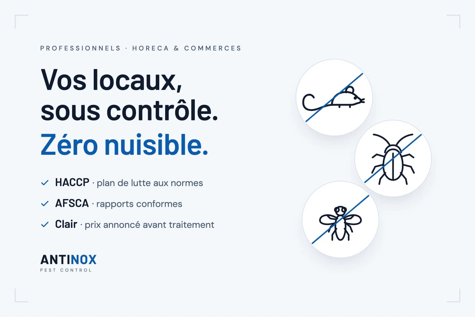 Antinox : vos locaux, sous contrôle. Zéro nuisible. HACCP, plan de lutte aux normes. AFSCA, rapports conformes. Prix annoncé avant traitement.